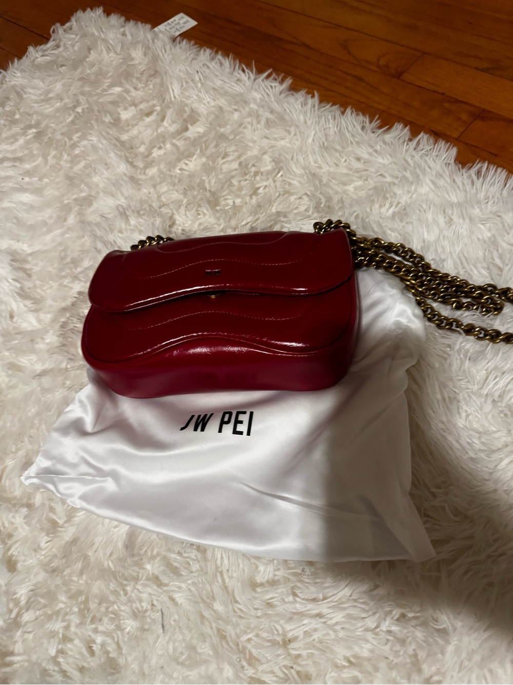 JW PEI Deep Red Quilted Gloss Crossbody with Gold Chain